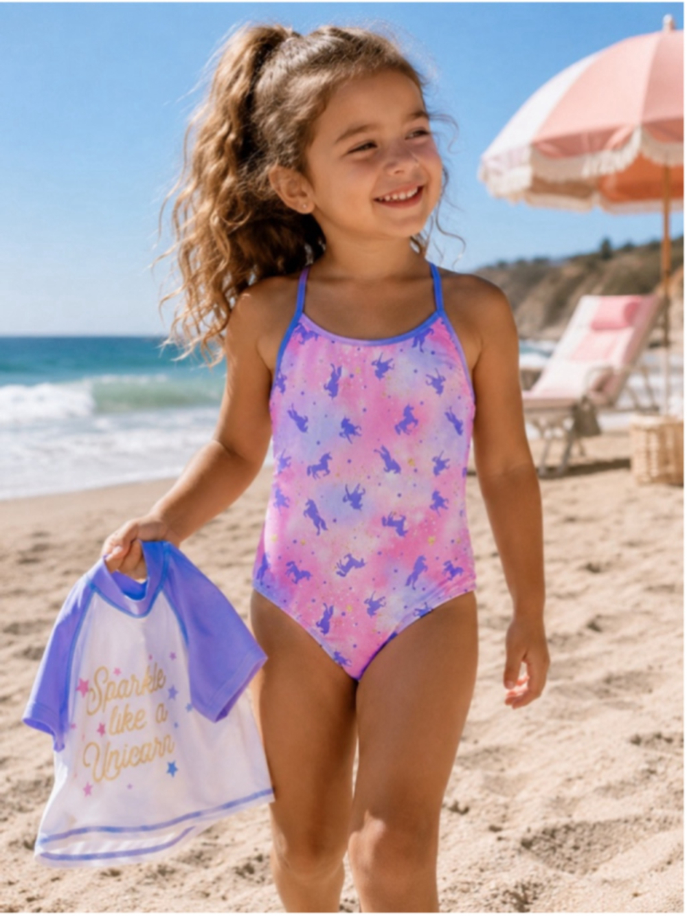 NEW Cat & Jack Unicorn Swimsuit & Rash Guard Set XS 4/5 UPF 50+ EUC/NWT